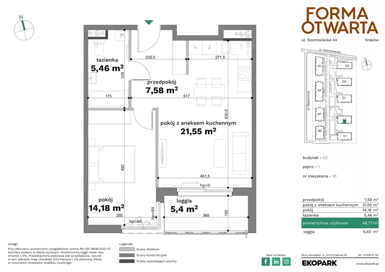 2 pokoje, mieszkanie 48,77 m², piętro 1, oferta nr C2-10, Forma Otwarta - Etap C, Kraków, Bronowice, Bronowice Wielkie, ul. Sosnowiecka