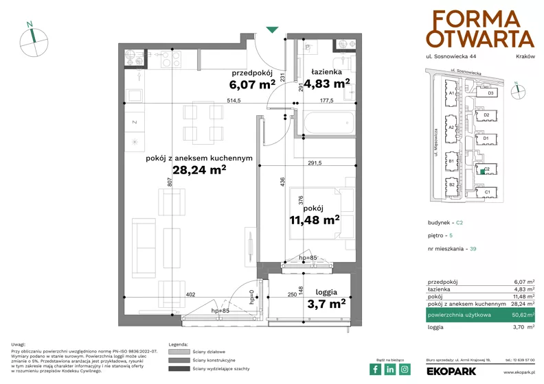 2 pokoje, mieszkanie 50,62 m², piętro 5, oferta nr C2-39, Forma Otwarta - Etap C, Kraków, Bronowice, Bronowice Wielkie, ul. Sosnowiecka