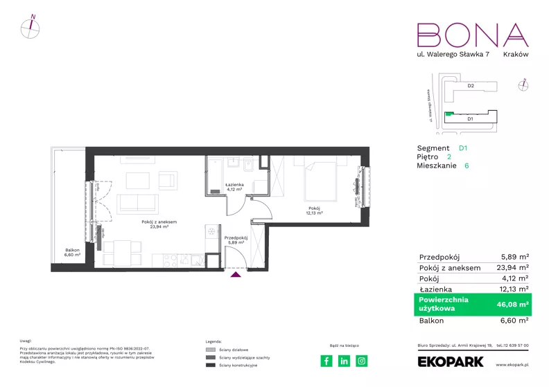 2 pokoje, mieszkanie 46,08 m², piętro 2, oferta nr 6, BONA, Kraków, Podgórze Duchackie, ul. Walerego Sławka 7
