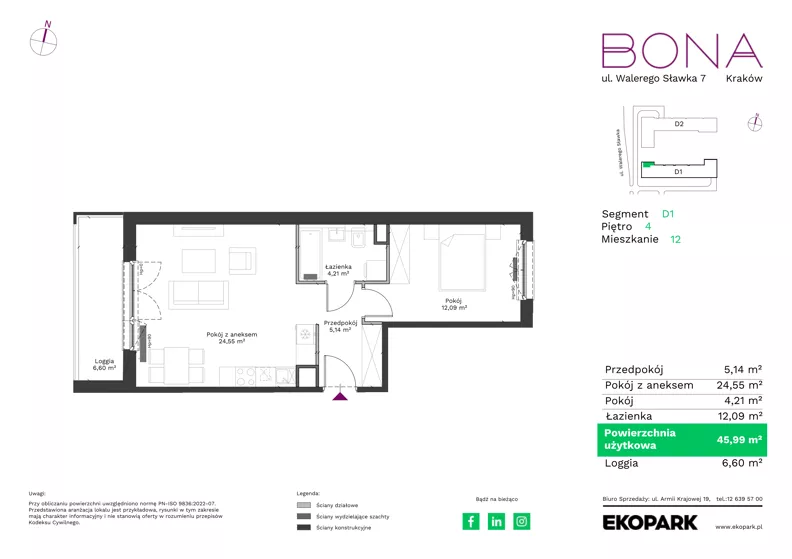 2 pokoje, mieszkanie 45,99 m², piętro 4, oferta nr 12, BONA, Kraków, Podgórze Duchackie, ul. Walerego Sławka 7