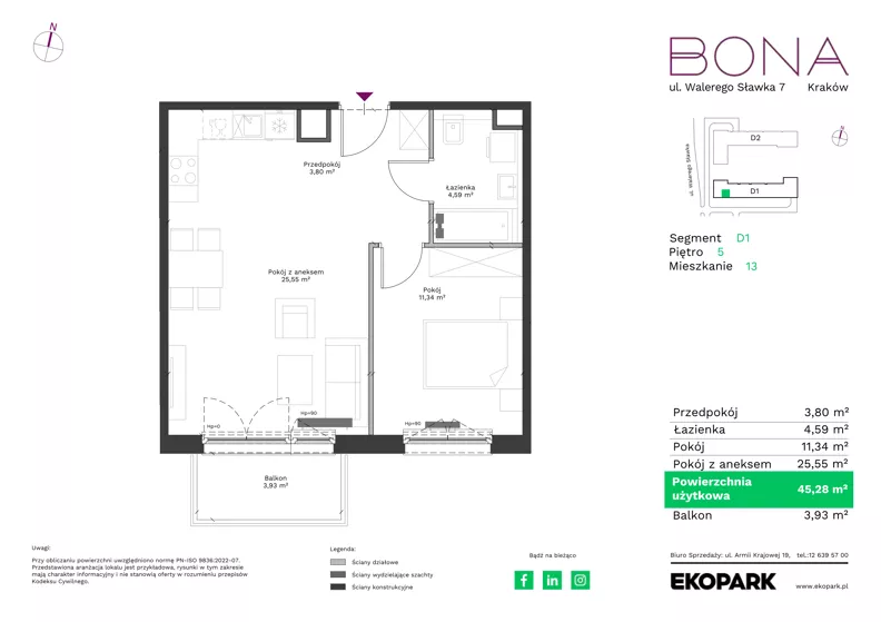 2 pokoje, mieszkanie 45,28 m², piętro 5, oferta nr 13, BONA, Kraków, Podgórze Duchackie, ul. Walerego Sławka 7