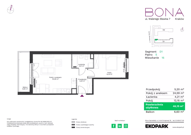 2 pokoje, mieszkanie 46,15 m², piętro 5, oferta nr 15, BONA, Kraków, Podgórze Duchackie, ul. Walerego Sławka 7