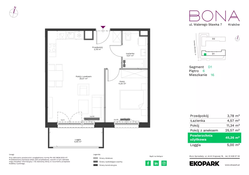 2 pokoje, mieszkanie 45,26 m², piętro 6, oferta nr 16, BONA, Kraków, Podgórze Duchackie, ul. Walerego Sławka 7