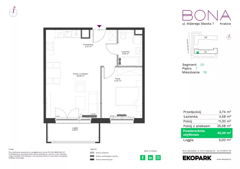 2 pokoje, mieszkanie 45,20 m², piętro 7, oferta nr 19, BONA, Kraków, Podgórze Duchackie, ul. Walerego Sławka 7
