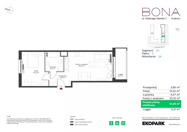 2 pokoje, mieszkanie 44,85 m², piętro 5, oferta nr 38, BONA, Kraków, Podgórze Duchackie, ul. Walerego Sławka 7