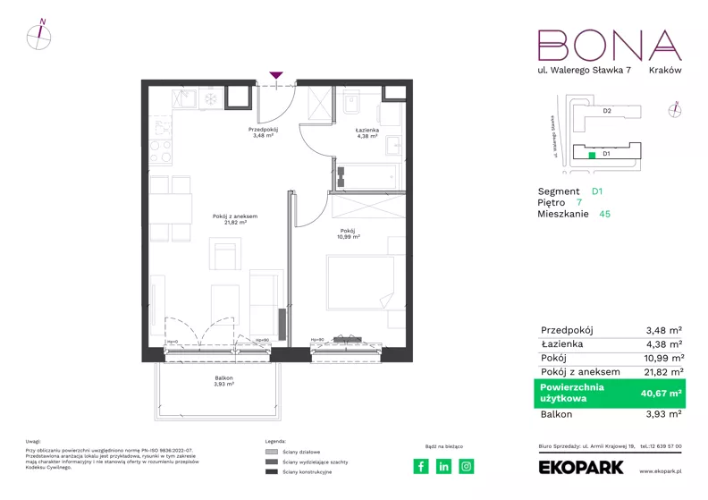 2 pokoje, mieszkanie 40,67 m², piętro 7, oferta nr 45, BONA, Kraków, Podgórze Duchackie, ul. Walerego Sławka 7