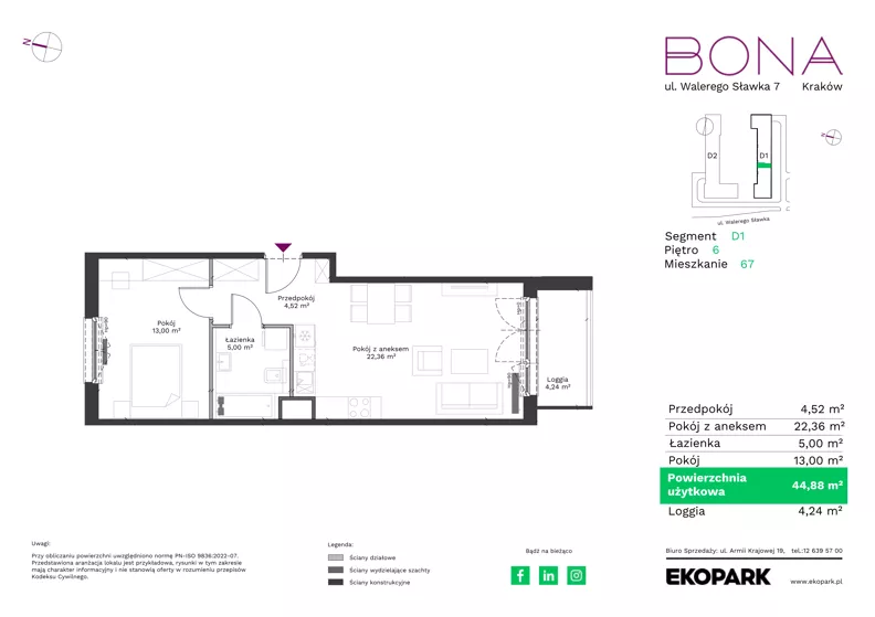 2 pokoje, mieszkanie 44,88 m², piętro 6, oferta nr 67, BONA, Kraków, Podgórze Duchackie, ul. Walerego Sławka 7