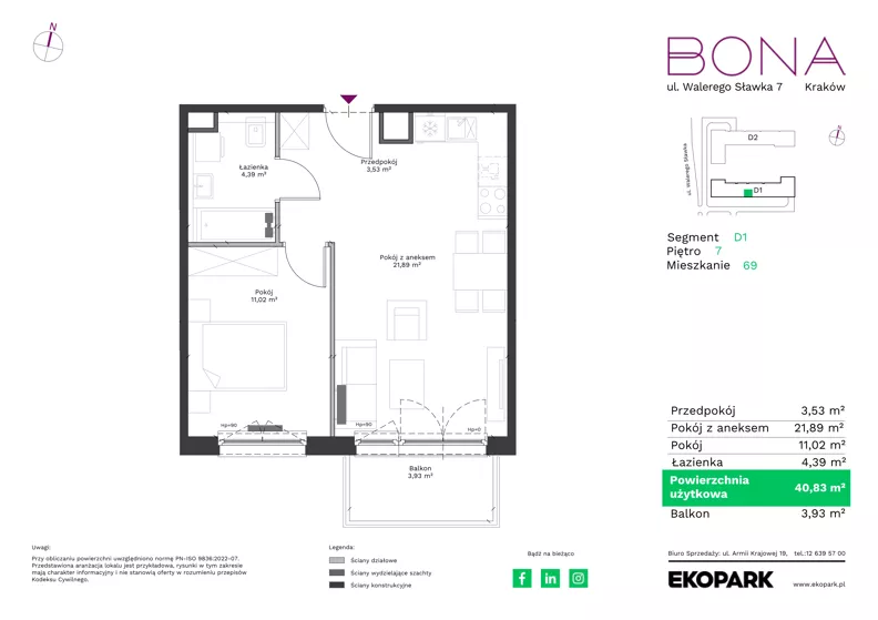 2 pokoje, mieszkanie 40,83 m², piętro 7, oferta nr 69, BONA, Kraków, Podgórze Duchackie, ul. Walerego Sławka 7