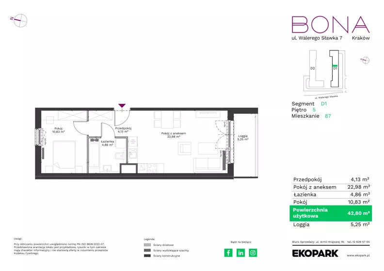 2 pokoje, mieszkanie 42,80 m², piętro 5, oferta nr 87, BONA, Kraków, Podgórze Duchackie, ul. Walerego Sławka 7