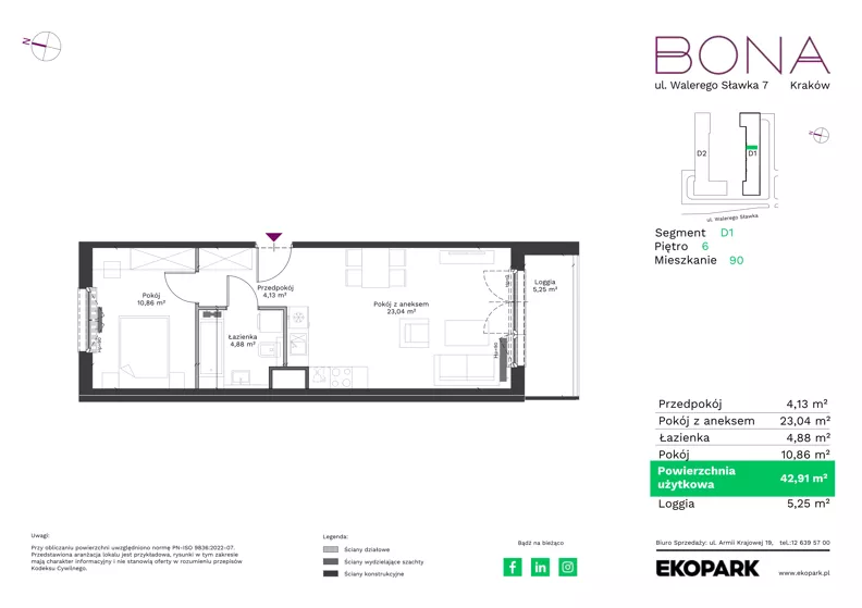 2 pokoje, mieszkanie 42,91 m², piętro 6, oferta nr 90, BONA, Kraków, Podgórze Duchackie, ul. Walerego Sławka 7