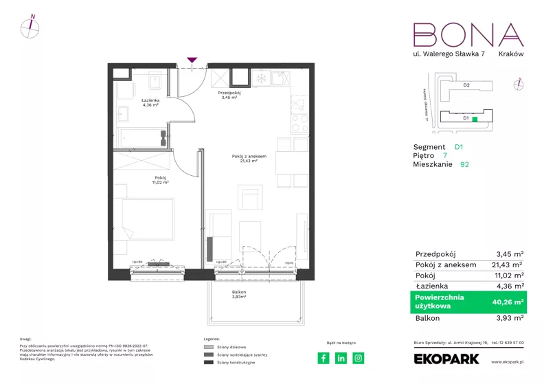 2 pokoje, mieszkanie 40,26 m², piętro 7, oferta nr 92, BONA, Kraków, Podgórze Duchackie, ul. Walerego Sławka 7