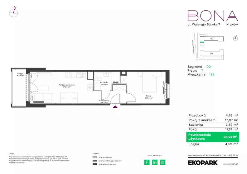 2 pokoje, mieszkanie 38,23 m², piętro 7, oferta nr 138, BONA, Kraków, Podgórze Duchackie, ul. Walerego Sławka 7