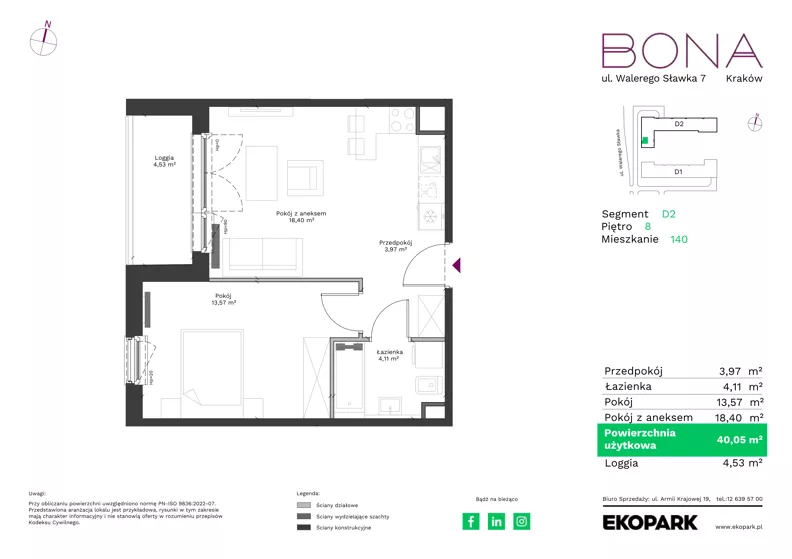 2 pokoje, mieszkanie 40,05 m², piętro 8, oferta nr 140, BONA, Kraków, Podgórze Duchackie, ul. Walerego Sławka 7