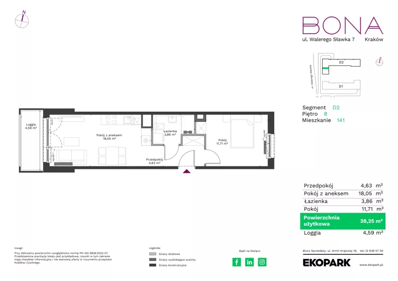 2 pokoje, mieszkanie 38,25 m², piętro 8, oferta nr 141, BONA, Kraków, Podgórze Duchackie, ul. Walerego Sławka 7
