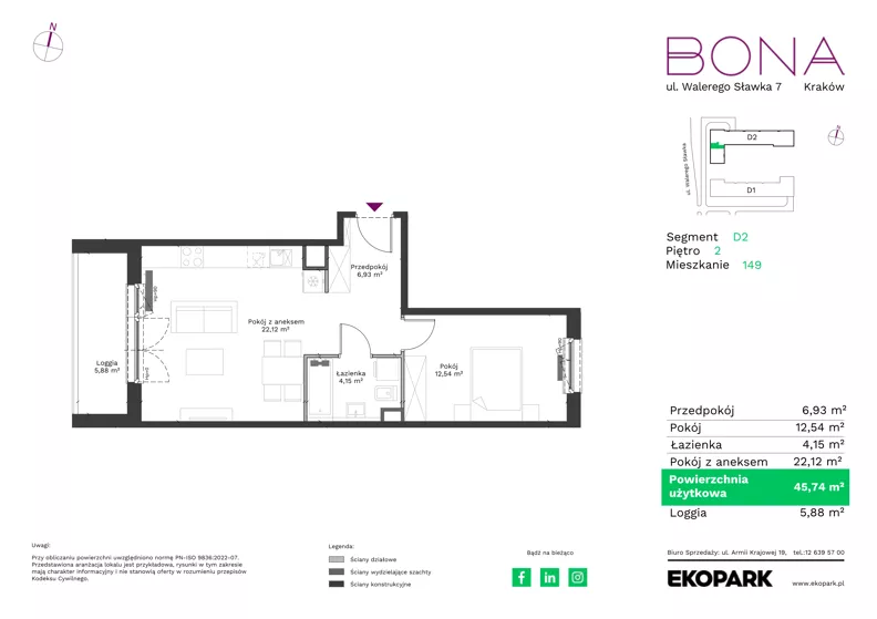 2 pokoje, mieszkanie 45,74 m², piętro 2, oferta nr 149, BONA, Kraków, Podgórze Duchackie, ul. Walerego Sławka 7