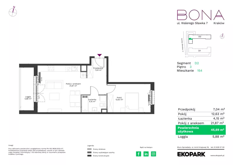 2 pokoje, mieszkanie 45,69 m², piętro 3, oferta nr 154, BONA, Kraków, Podgórze Duchackie, ul. Walerego Sławka 7