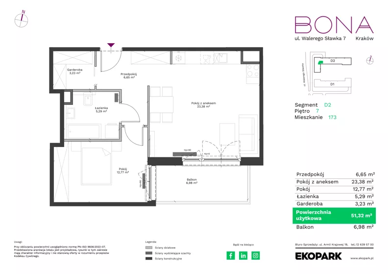 2 pokoje, mieszkanie 51,32 m², piętro 7, oferta nr 173, BONA, Kraków, Podgórze Duchackie, ul. Walerego Sławka 7