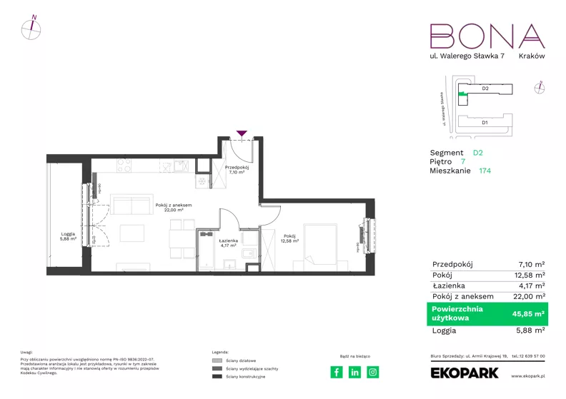 2 pokoje, mieszkanie 45,85 m², piętro 7, oferta nr 174, BONA, Kraków, Podgórze Duchackie, ul. Walerego Sławka 7