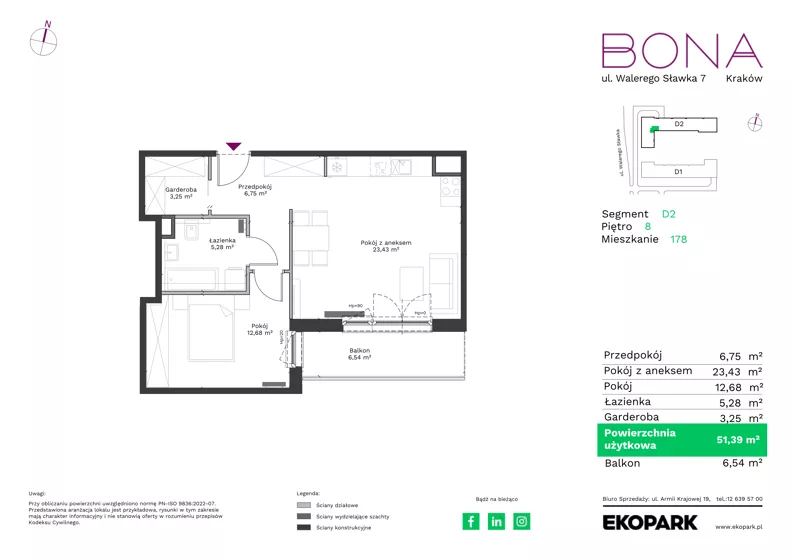 2 pokoje, mieszkanie 51,39 m², piętro 8, oferta nr 178, BONA, Kraków, Podgórze Duchackie, ul. Walerego Sławka 7