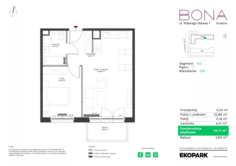 2 pokoje, mieszkanie 42,71 m², piętro 7, oferta nr 219, BONA, Kraków, Podgórze Duchackie, ul. Walerego Sławka 7