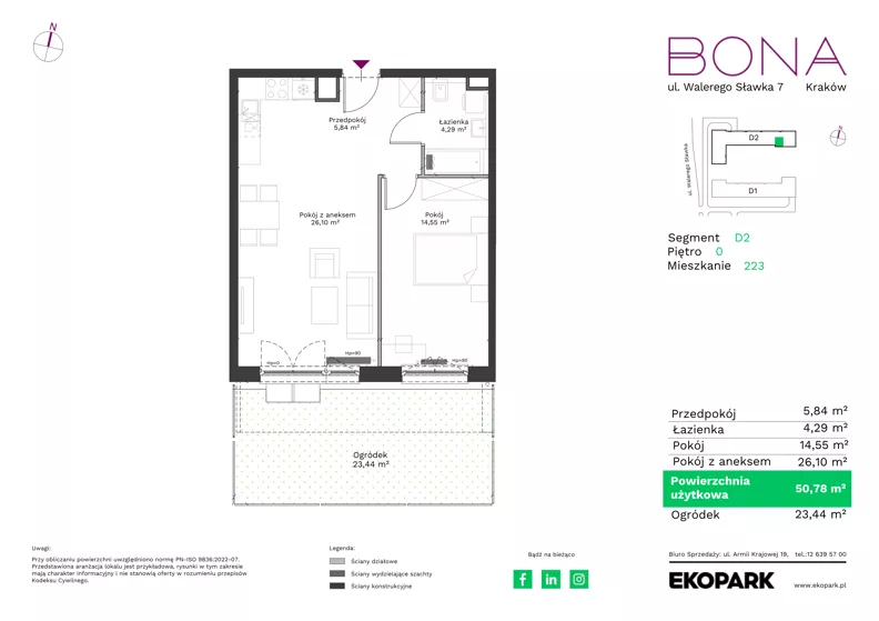2 pokoje, mieszkanie 50,78 m², parter, oferta nr 223, BONA, Kraków, Podgórze Duchackie, ul. Walerego Sławka 7