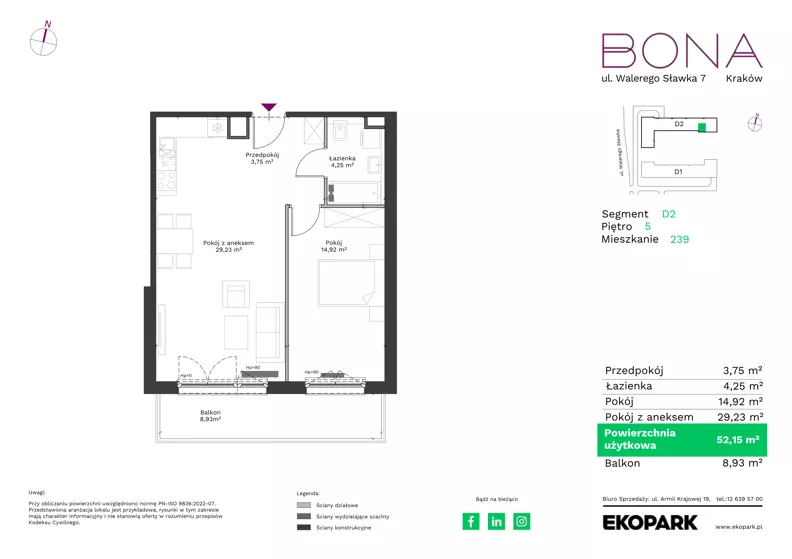 2 pokoje, mieszkanie 52,15 m², piętro 5, oferta nr 239, BONA, Kraków, Podgórze Duchackie, ul. Walerego Sławka 7