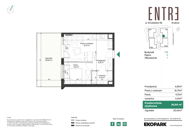 2 pokoje, mieszkanie 36,60 m², parter, oferta nr 116-M01, Entre, Kraków, Prądnik Biały, ul. Władysława Łokietka 116