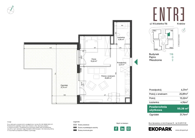 2 pokoje, mieszkanie 50,38 m², parter, oferta nr 116-M02, Entre, Kraków, Prądnik Biały, ul. Władysława Łokietka 116
