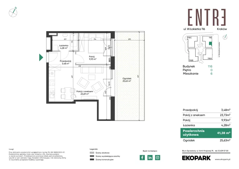 2 pokoje, mieszkanie 41,38 m², parter, oferta nr 116-M06, Entre, Kraków, Prądnik Biały, ul. Władysława Łokietka 116