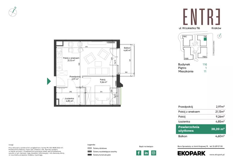2 pokoje, mieszkanie 38,20 m², piętro 1, oferta nr 116-M11, Entre, Kraków, Prądnik Biały, ul. Władysława Łokietka 116
