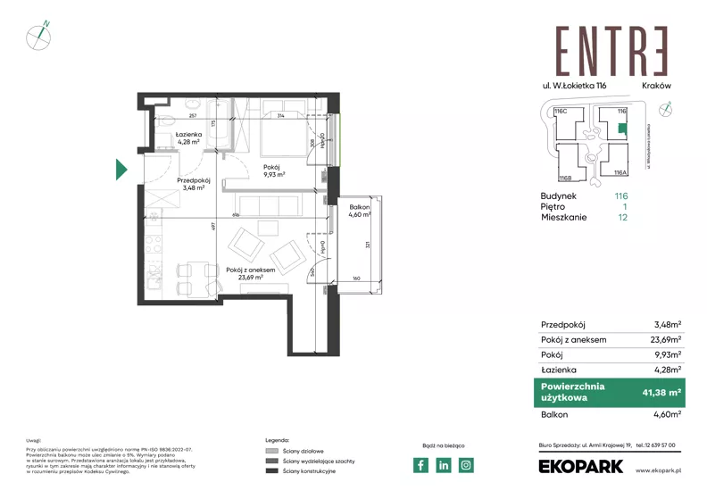 2 pokoje, mieszkanie 41,38 m², piętro 1, oferta nr 116-M12, Entre, Kraków, Prądnik Biały, ul. Władysława Łokietka 116