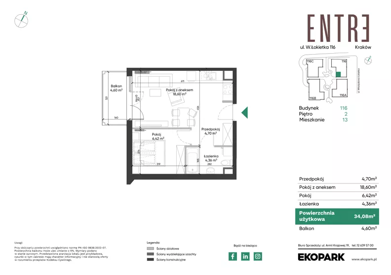 2 pokoje, mieszkanie 34,08 m², piętro 2, oferta nr 116-M13, Entre, Kraków, Prądnik Biały, ul. Władysława Łokietka 116