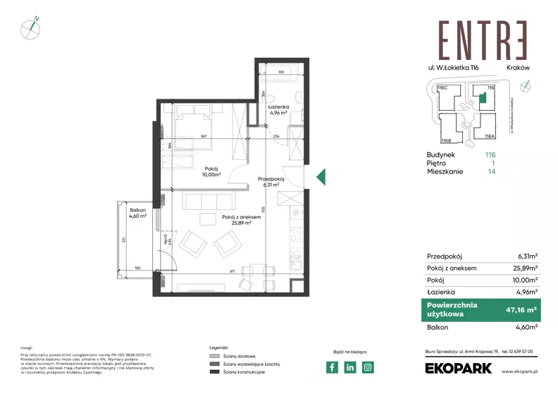 2 pokoje, mieszkanie 47,19 m², piętro 2, oferta nr 116-M14, Entre, Kraków, Prądnik Biały, ul. Władysława Łokietka 116