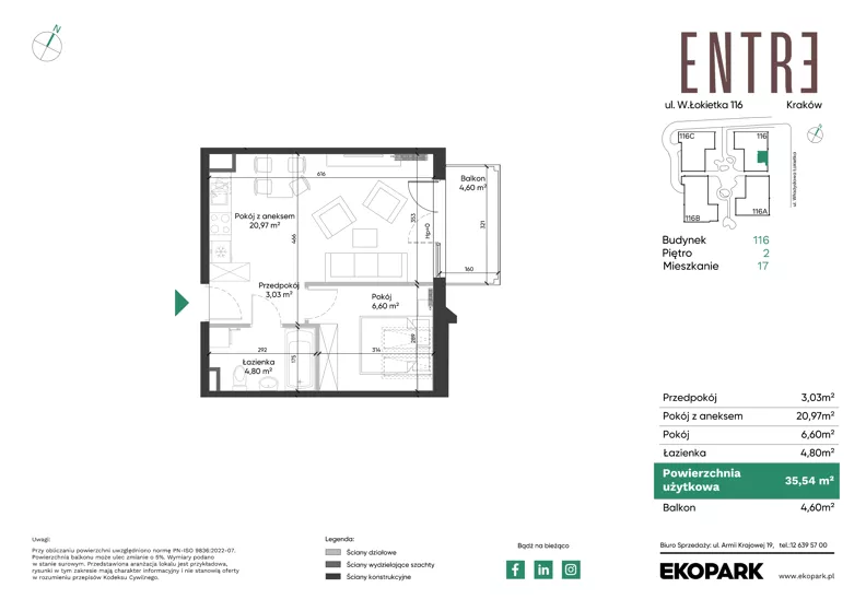 2 pokoje, mieszkanie 35,54 m², piętro 2, oferta nr 116-M17, Entre, Kraków, Prądnik Biały, ul. Władysława Łokietka 116