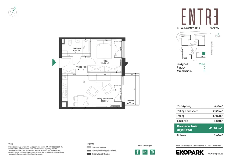 2 pokoje, mieszkanie 41,26 m², parter, oferta nr 116A-M06, Entre, Kraków, Prądnik Biały, ul. Władysława Łokietka 116