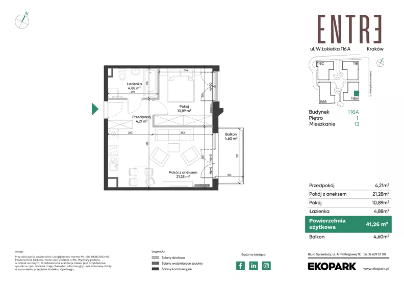 2 pokoje, mieszkanie 41,26 m², piętro 1, oferta nr 116A-M13, Entre, Kraków, Prądnik Biały, ul. Władysława Łokietka 116