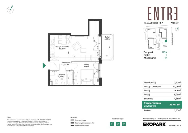 2 pokoje, mieszkanie 39,04 m², piętro 1, oferta nr 116A-M14, Entre, Kraków, Prądnik Biały, ul. Władysława Łokietka 116