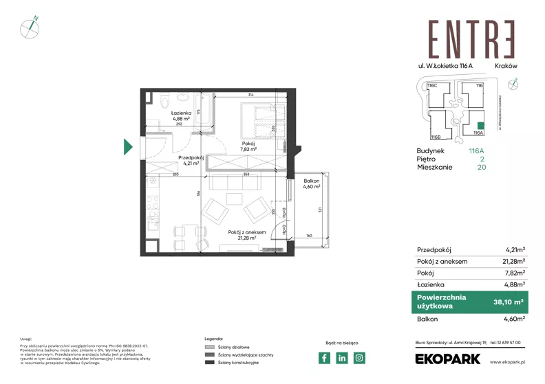2 pokoje, mieszkanie 38,10 m², piętro 2, oferta nr 116A-M20, Entre, Kraków, Prądnik Biały, ul. Władysława Łokietka 116