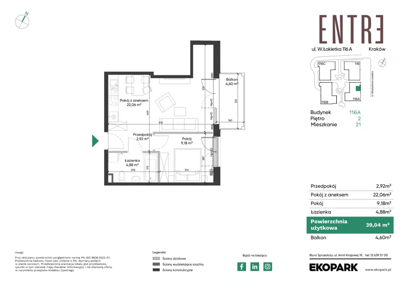 2 pokoje, mieszkanie 39,04 m², piętro 2, oferta nr 116A-M21, Entre, Kraków, Prądnik Biały, ul. Władysława Łokietka 116