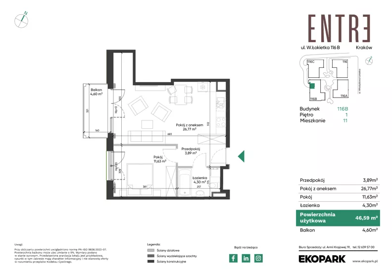 2 pokoje, mieszkanie 46,59 m², piętro 1, oferta nr 116B-M11, Entre, Kraków, Prądnik Biały, ul. Władysława Łokietka 116