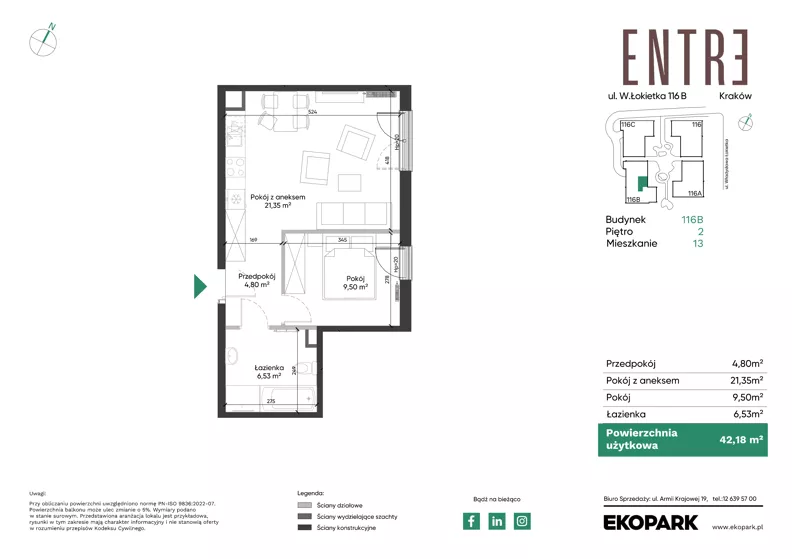 2 pokoje, mieszkanie 42,18 m², piętro 2, oferta nr 116B-M13, Entre, Kraków, Prądnik Biały, ul. Władysława Łokietka 116