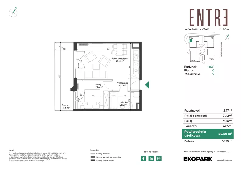 2 pokoje, mieszkanie 38,20 m², parter, oferta nr 116C-M02, Entre, Kraków, Prądnik Biały, ul. Władysława Łokietka 116
