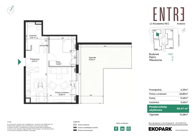 2 pokoje, mieszkanie 50,47 m², parter, oferta nr 116C-M05, Entre, Kraków, Prądnik Biały, ul. Władysława Łokietka 116