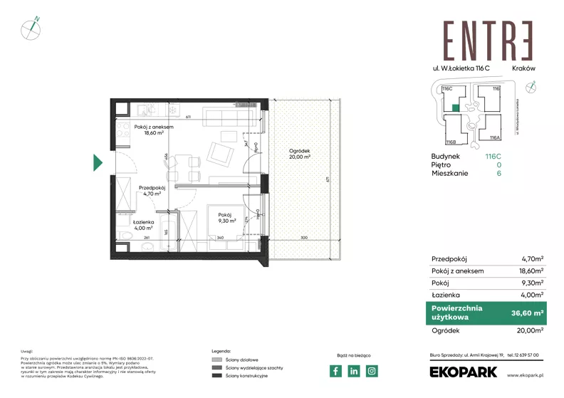 2 pokoje, mieszkanie 36,60 m², parter, oferta nr 116C-M06, Entre, Kraków, Prądnik Biały, ul. Władysława Łokietka 116