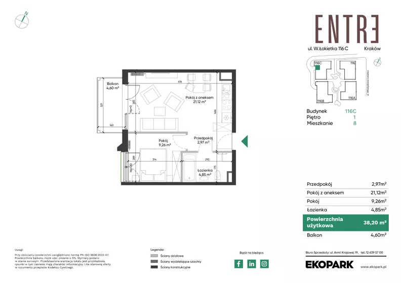 2 pokoje, mieszkanie 38,20 m², piętro 1, oferta nr 116C-M08, Entre, Kraków, Prądnik Biały, ul. Władysława Łokietka 116