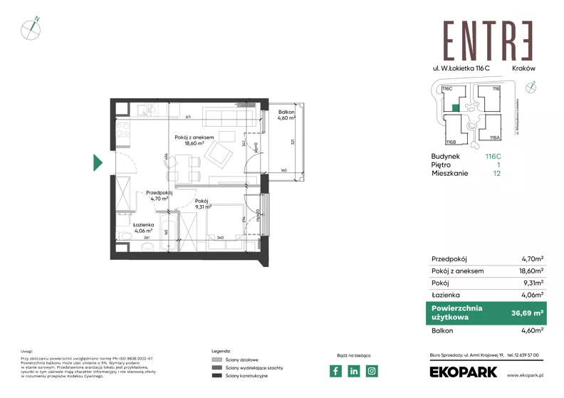 2 pokoje, mieszkanie 36,69 m², piętro 1, oferta nr 116C-M12, Entre, Kraków, Prądnik Biały, ul. Władysława Łokietka 116