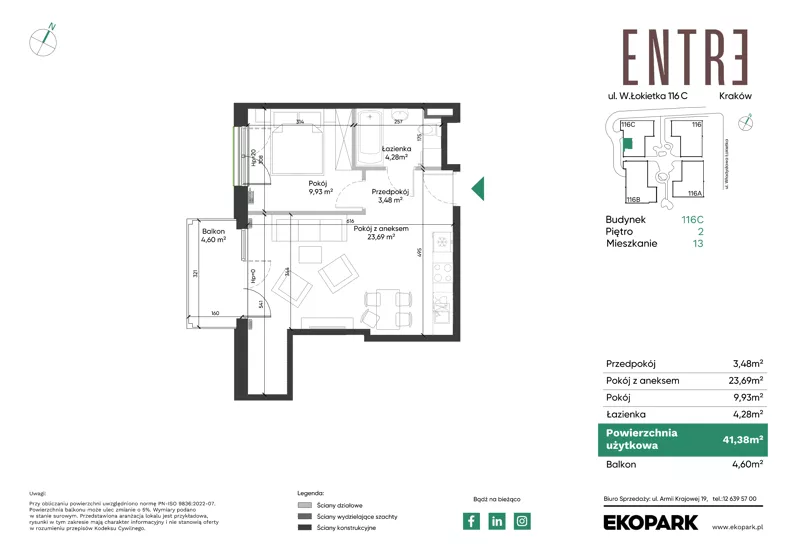 2 pokoje, mieszkanie 41,38 m², piętro 2, oferta nr 116C-M13, Entre, Kraków, Prądnik Biały, ul. Władysława Łokietka 116