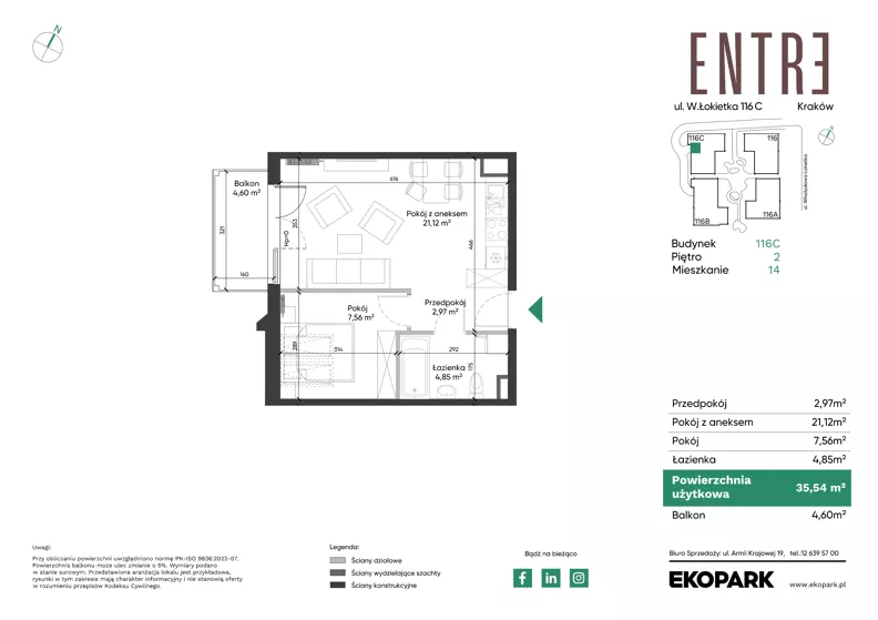 2 pokoje, mieszkanie 35,54 m², piętro 2, oferta nr 116C-M14, Entre, Kraków, Prądnik Biały, ul. Władysława Łokietka 116