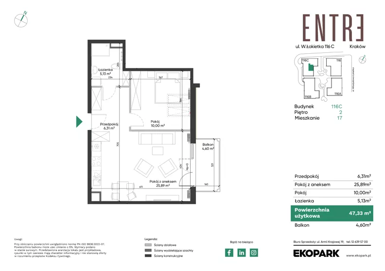 2 pokoje, mieszkanie 47,33 m², piętro 2, oferta nr 116C-M17, Entre, Kraków, Prądnik Biały, ul. Władysława Łokietka 116