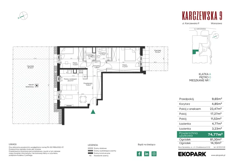 3 pokoje, mieszkanie 74,77 m², parter, oferta nr 1, Karczewska 9, Warszawa, Praga Południe, Grochów, ul. Karczewska 9